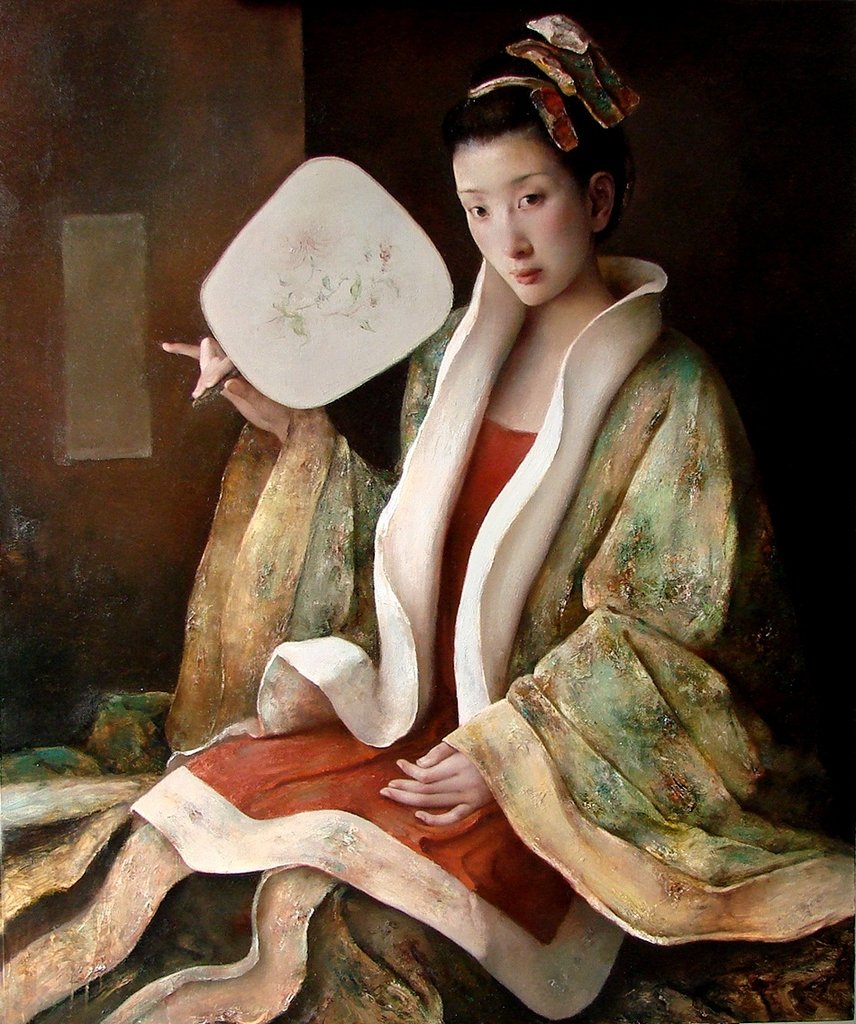 2011-10- Woman with a fan 48x39 in.jpg - 唐偉民  人物油畫  (藏族少女)